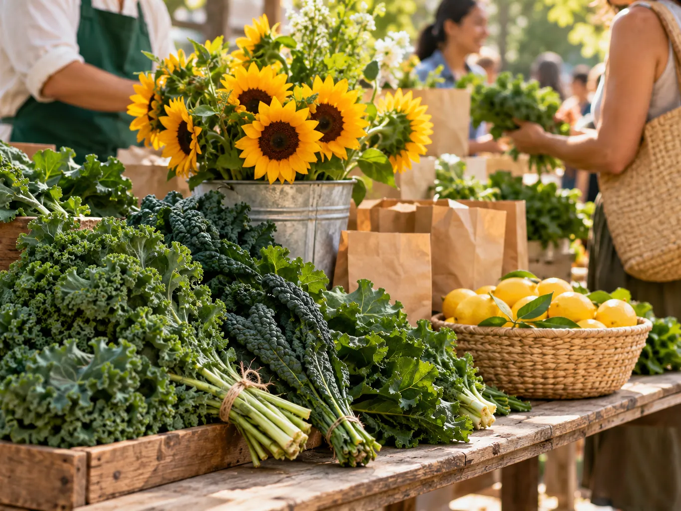 Close-medium shot of a rustic table at a free neighbourhood market piled with bunches of kale, sunflowers in a…