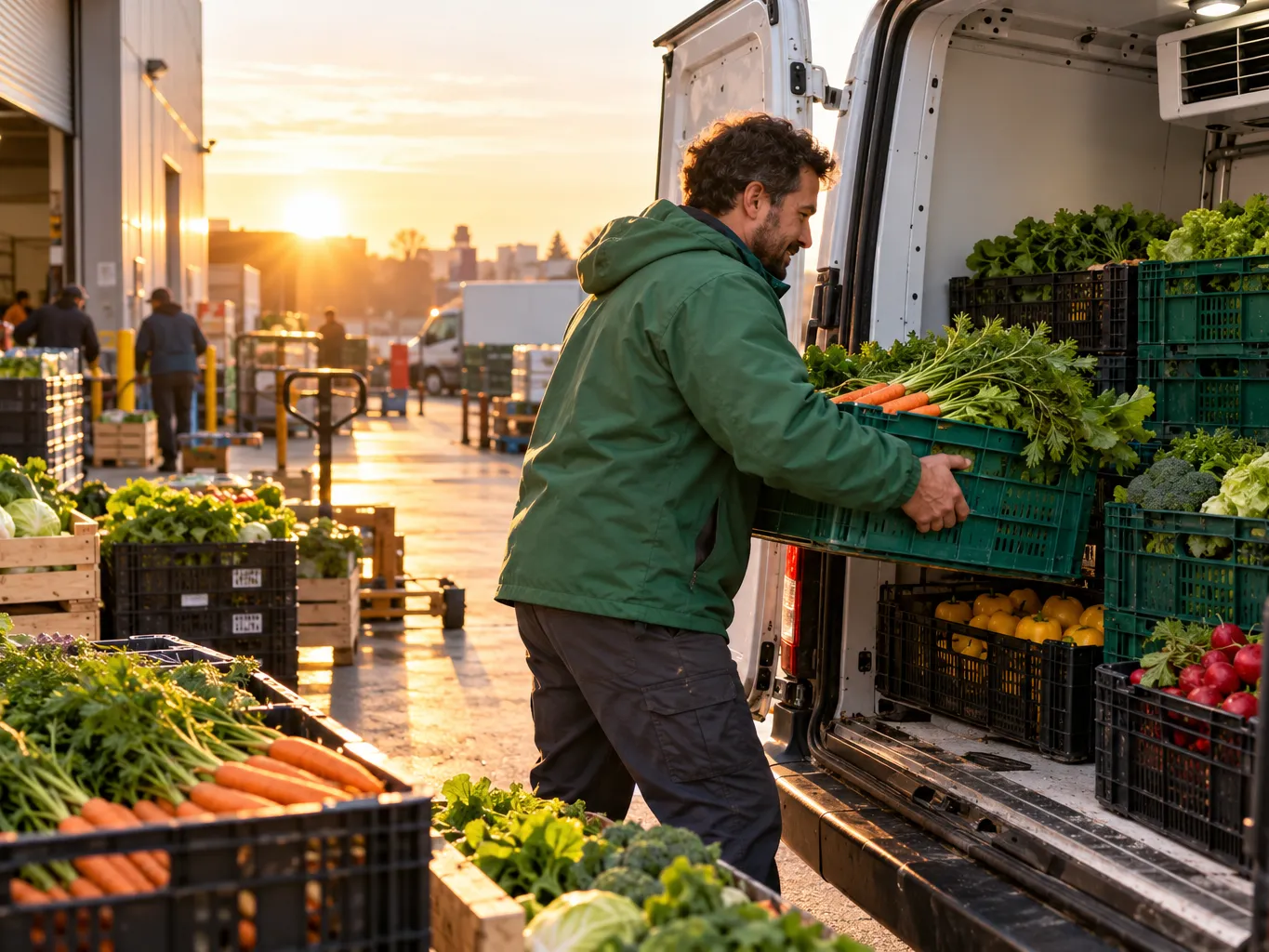 Driver in a green jacket loading stacked crates of fresh vegetables from a grocery store back dock into a…