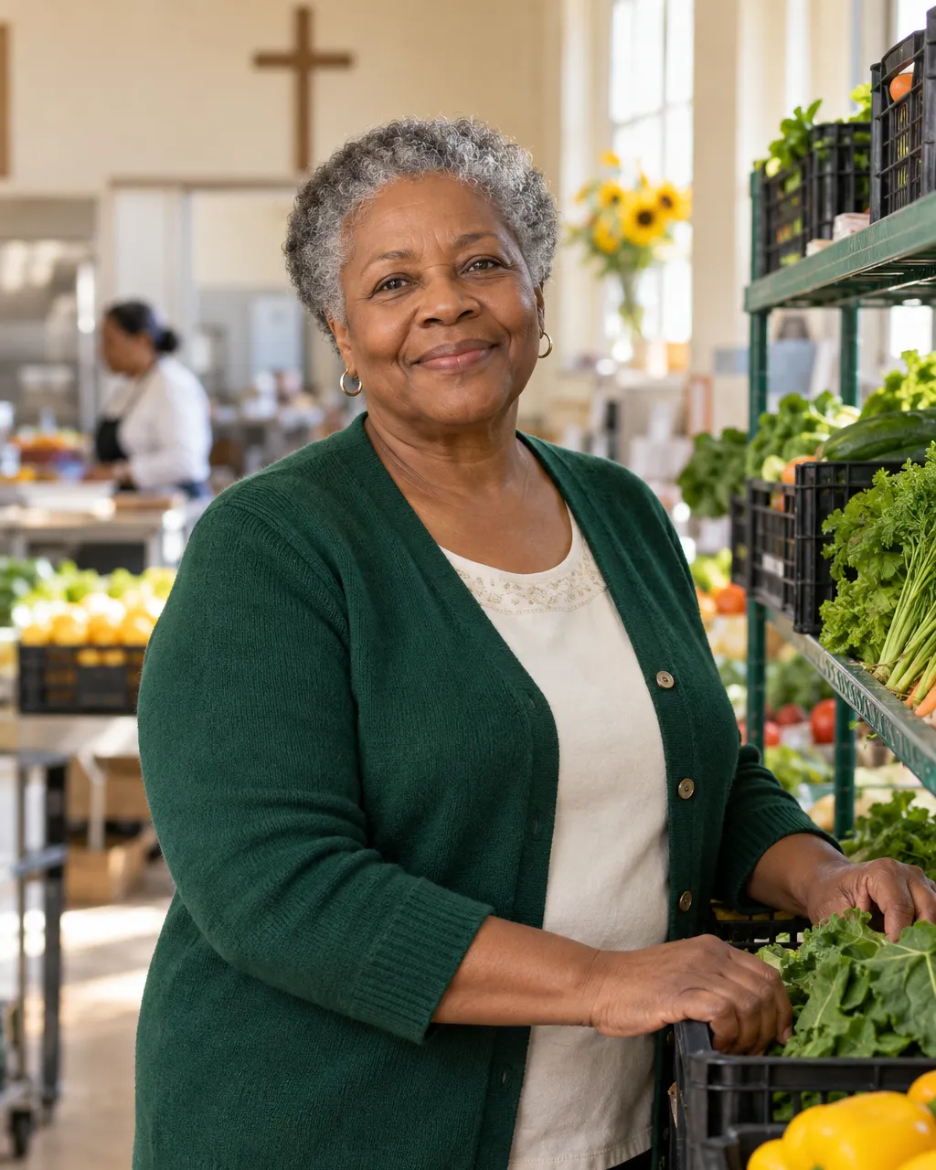 Environmental portrait of a warm Black woman in her sixties, a church pantry coordinator, standing beside shelves of…