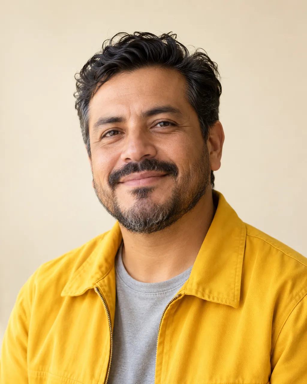 Studio-style team portrait of a friendly Latino man in his forties, operations director, short beard, wearing a…