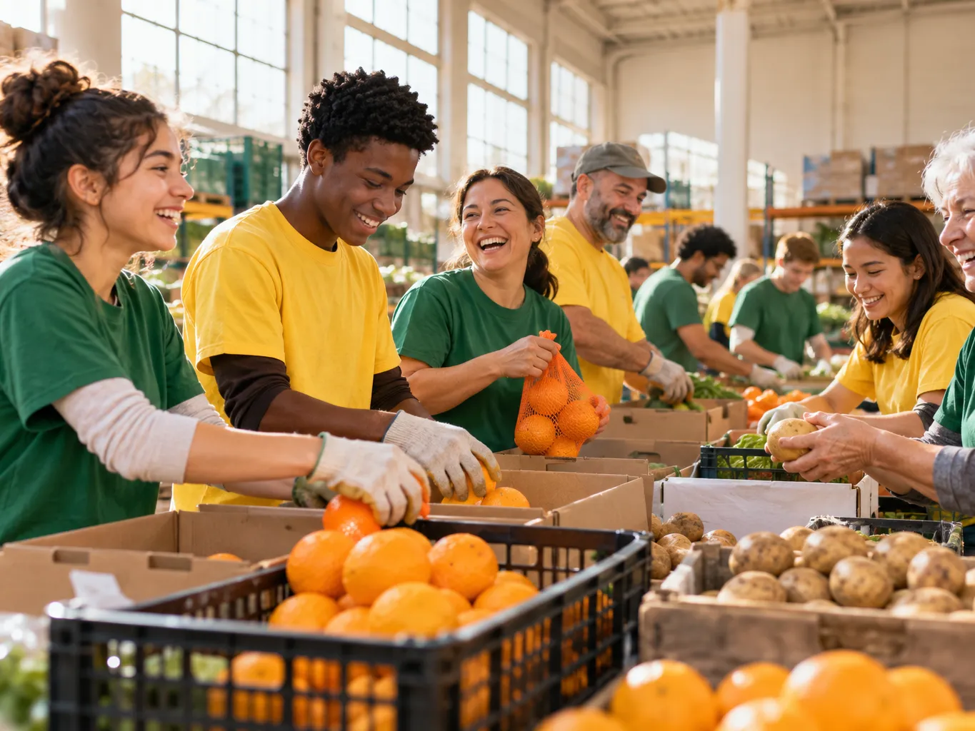 Group of diverse volunteers, teenagers and adults, laughing while packing produce into boxes at a long warehouse…