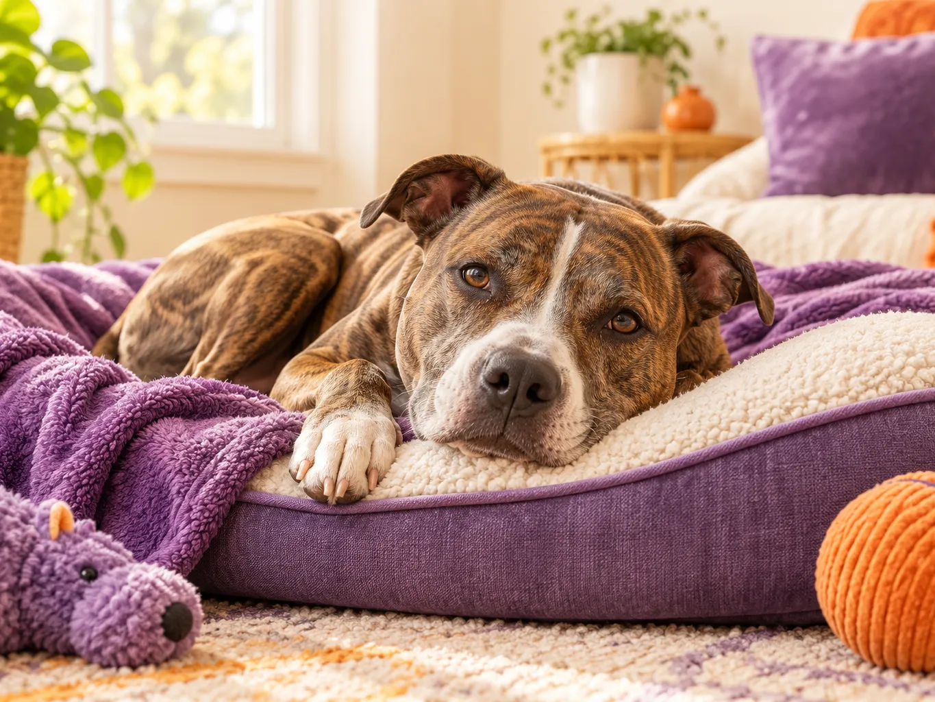 Brindle pit bull mix with a soft expression resting on an orthopaedic dog bed in a quiet nap suite, violet blanket
