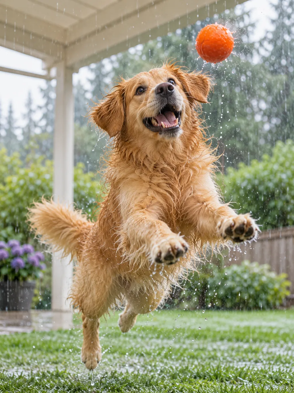 Golden retriever leaping for a ball in the yard