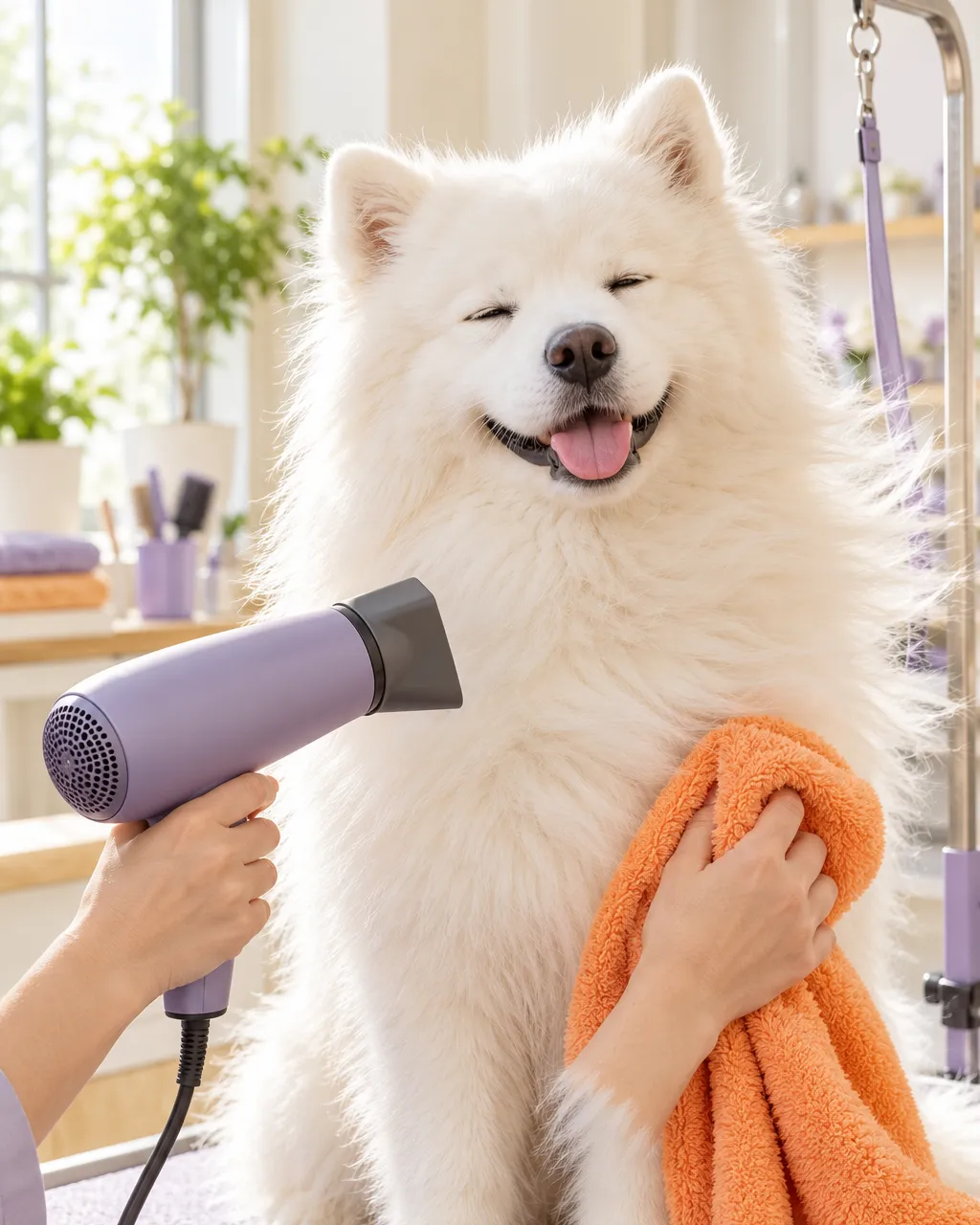 Gentle groomer's hands blow-drying a calm white fluffy Samoyed with a low-noise hand dryer, the dog's eyes…