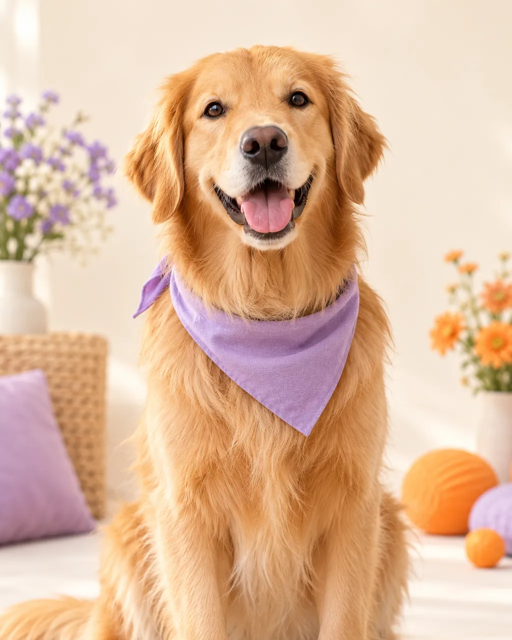 Joyful golden retriever with mouth open in a big happy grin sitting against a bright warm cream backdrop, wearing a…