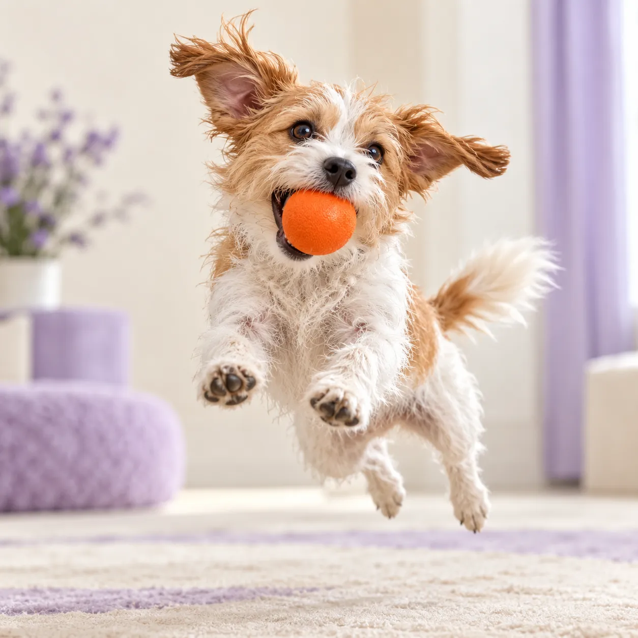 Small scruffy terrier mix mid-jump catching a tangerine orange ball on a cream indoor play floor, ears flying,…