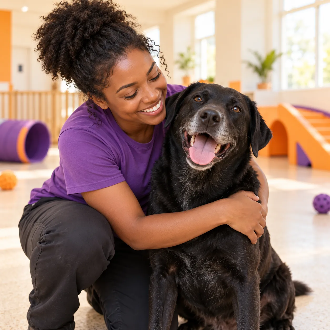 Smiling young Black woman dog handler in a violet t-shirt kneeling and hugging a happy black lab mix, both looking…