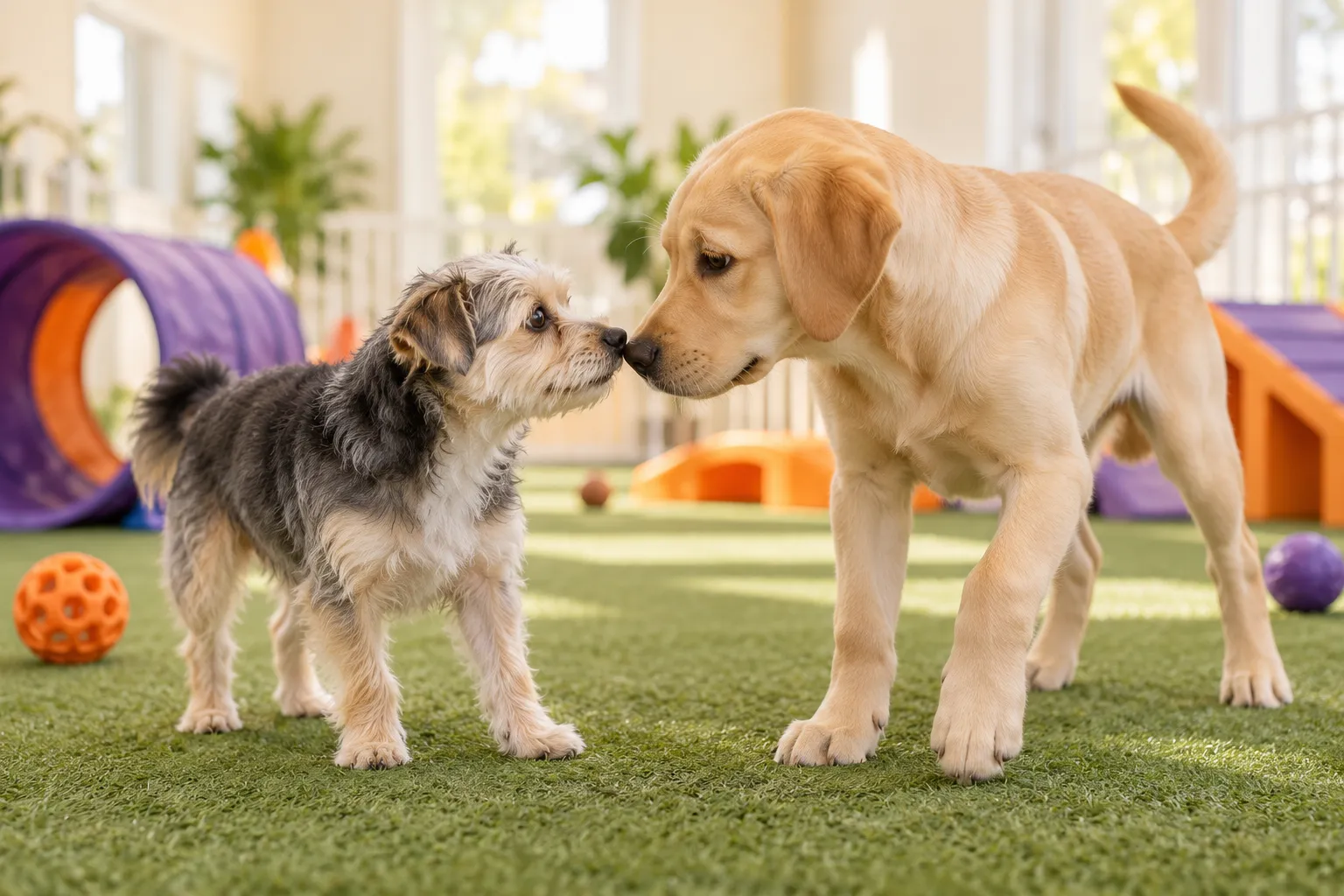 Two dogs, a shy small mixed breed and a playful young labrador, meeting nose to nose on indoor turf with relaxed…