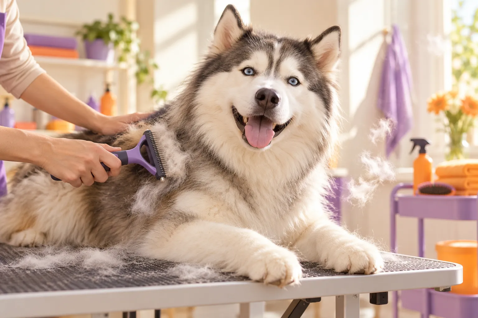 Fluffy husky being brushed with an undercoat rake on a grooming table
