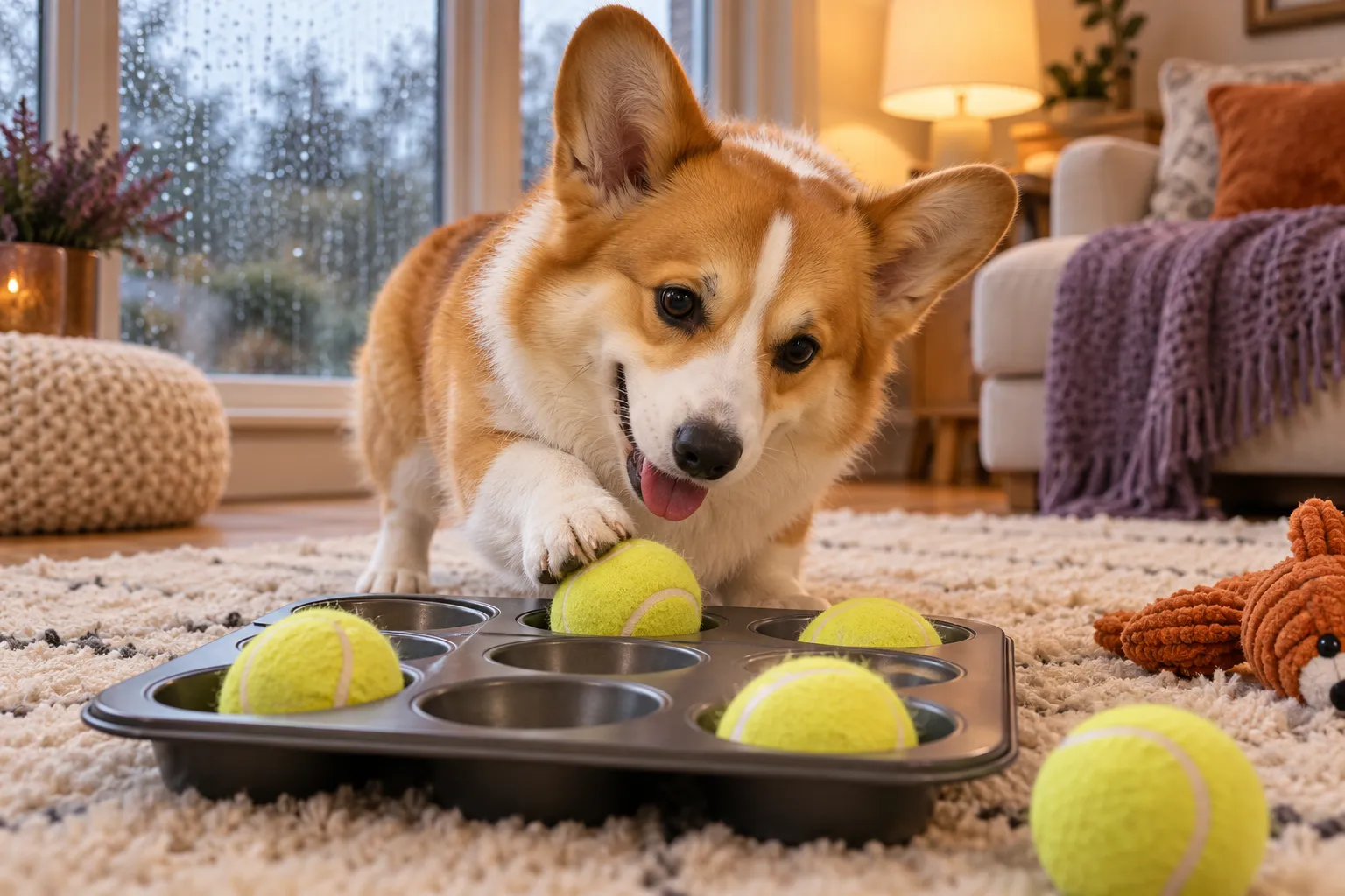 Corgi nosing tennis balls out of a muffin tin on a cosy living room rug, rainy window with soft grey light behind