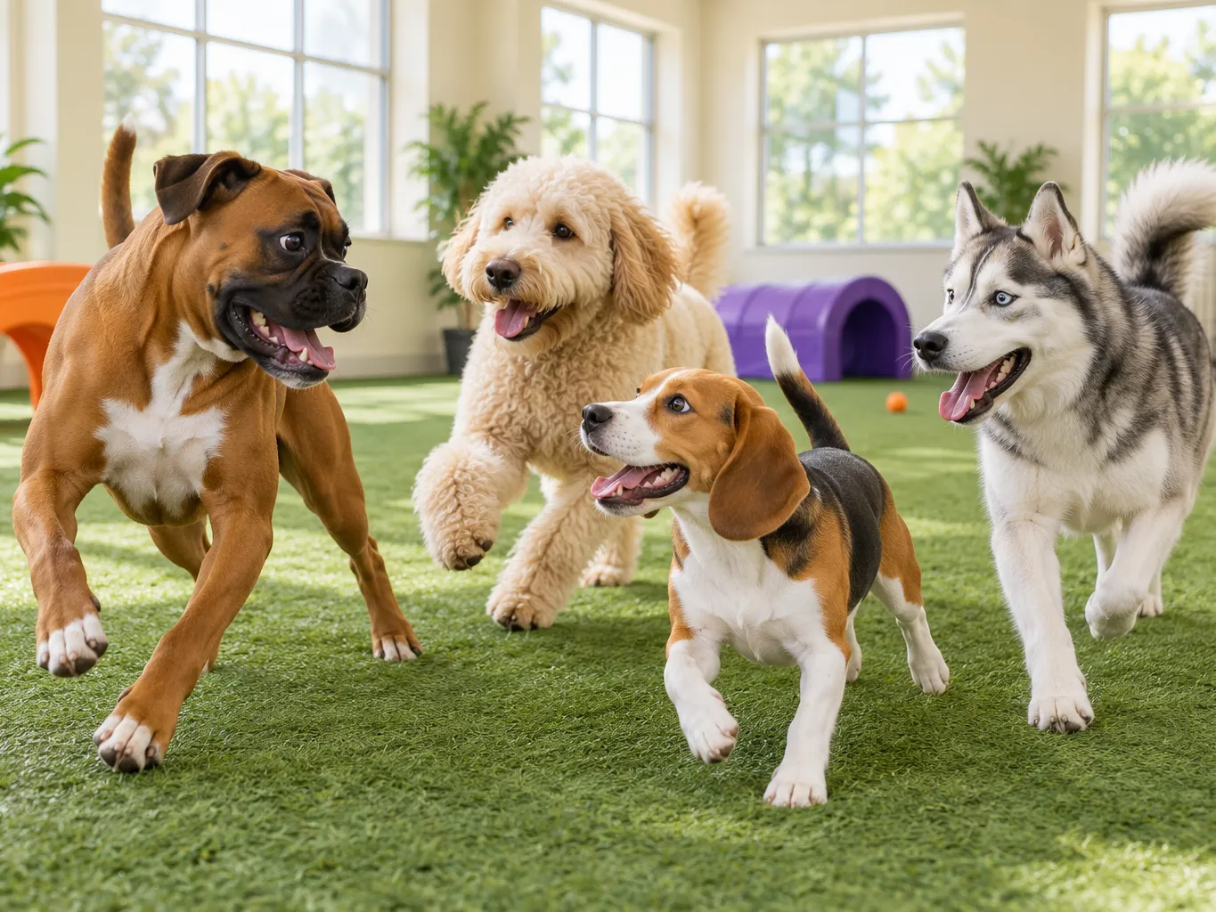 Group of four happy dogs of different breeds, a boxer, a doodle, a beagle and a husky, playing together on clean…