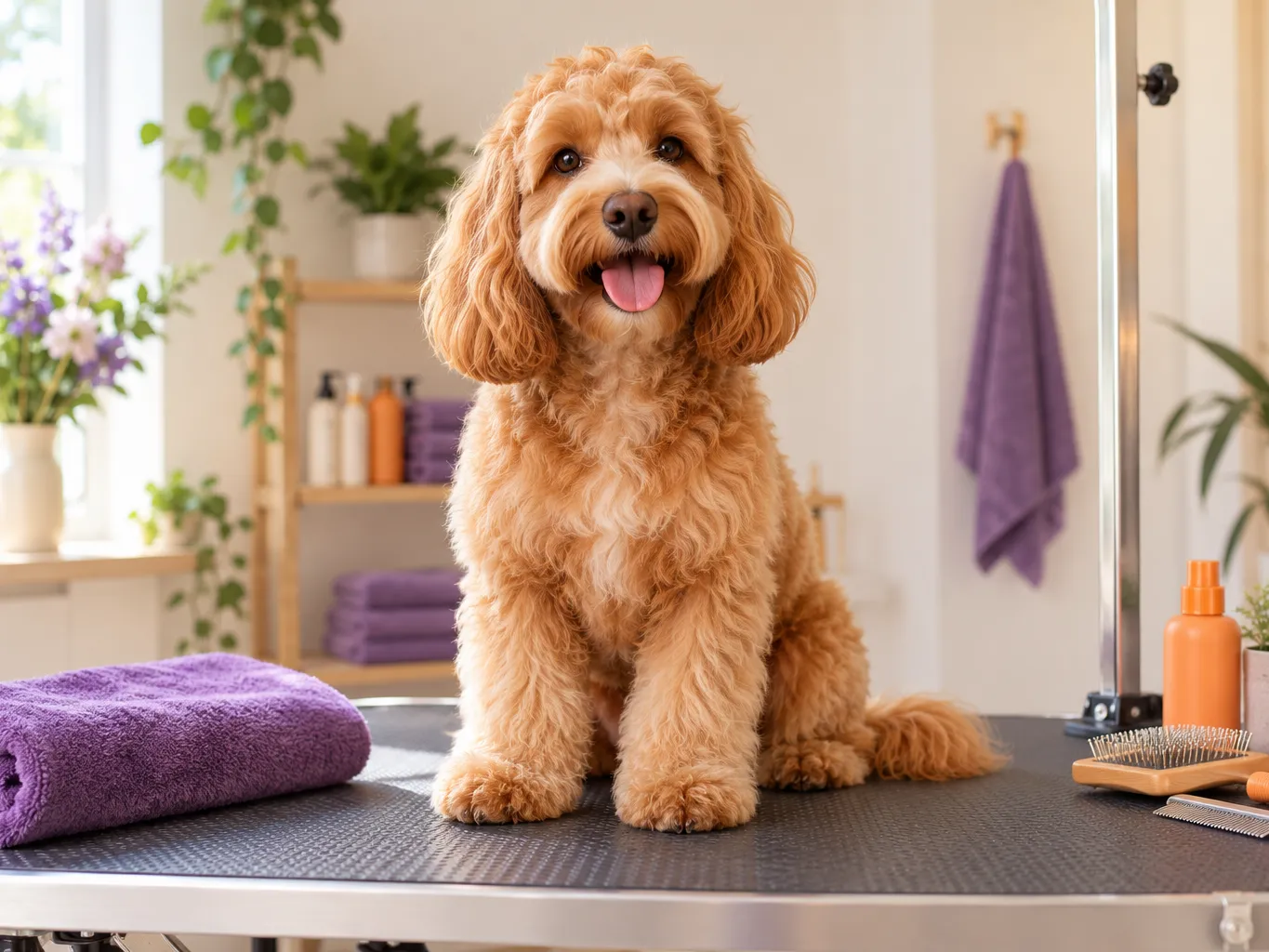 Freshly groomed fluffy apricot cockapoo sitting proudly on a grooming table in a calm bright salon, cream walls,…