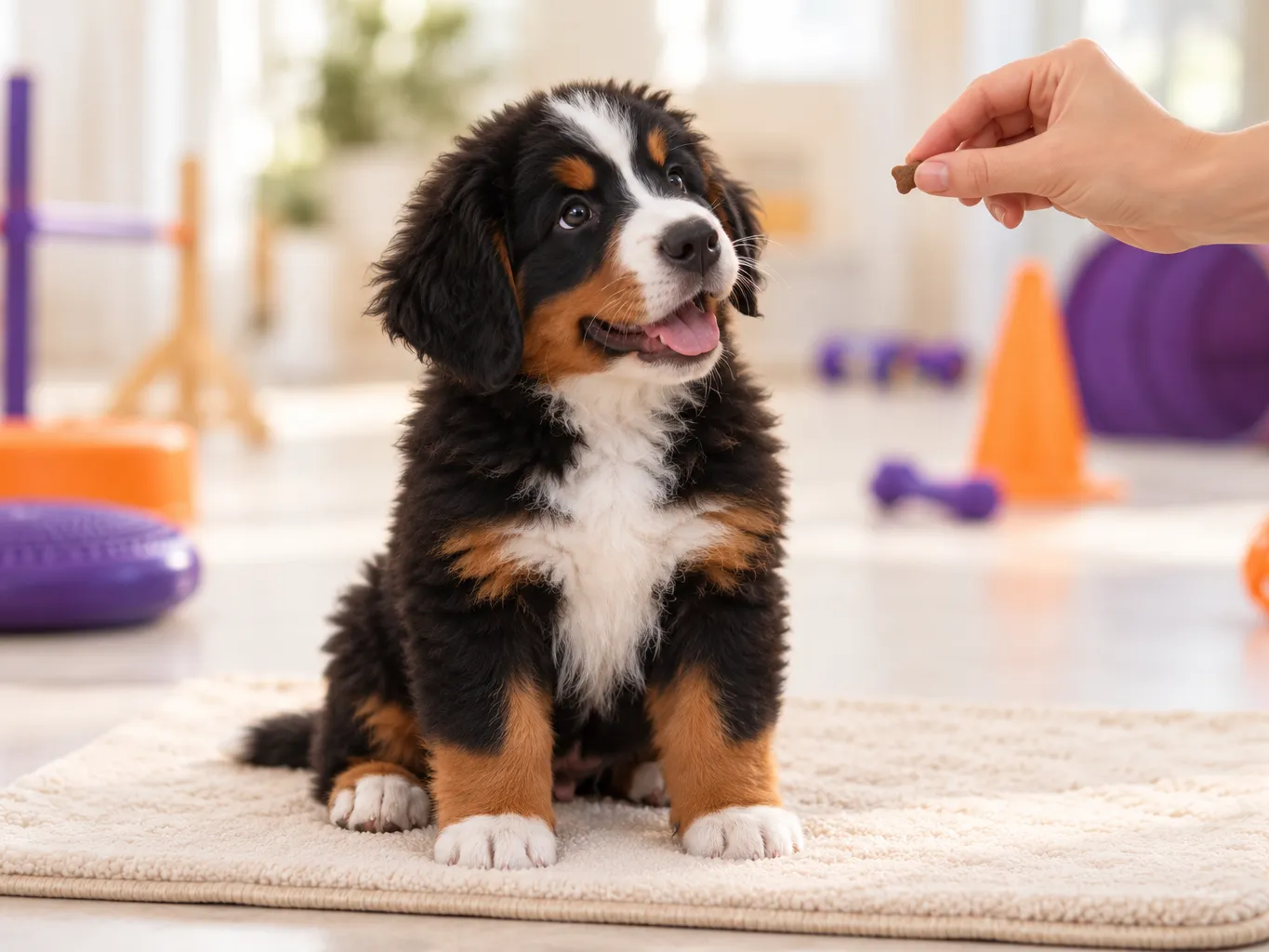 Small fluffy Bernese mountain dog puppy sitting attentively on a cream mat during a training class, a trainer's hand…