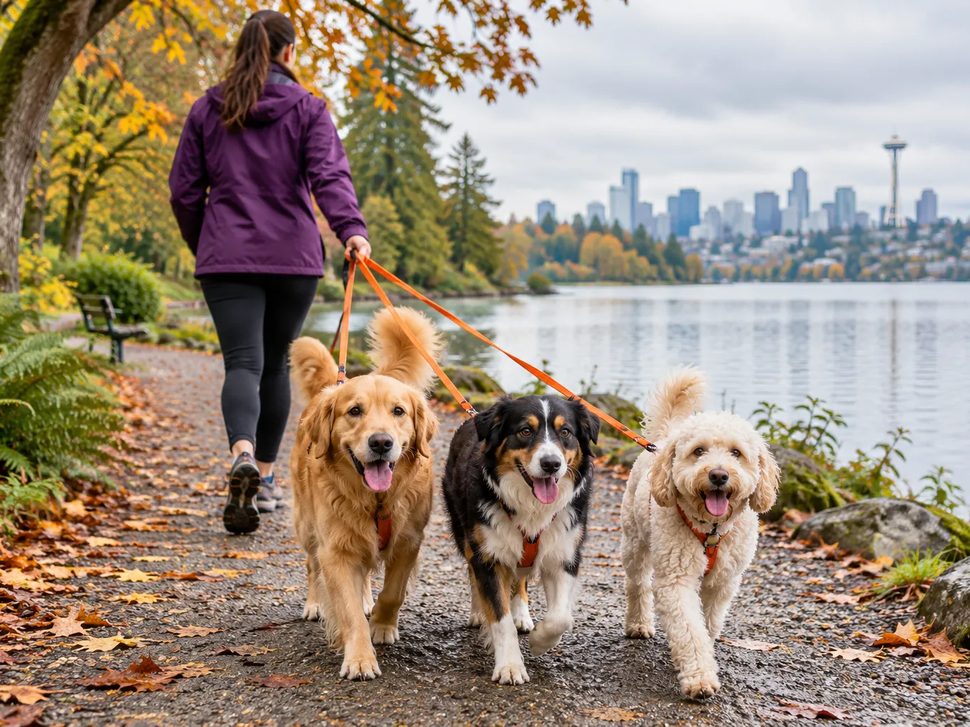 Dog walker seen from behind walking three happy dogs on leashes along a leafy Seattle park path near a lake on a…