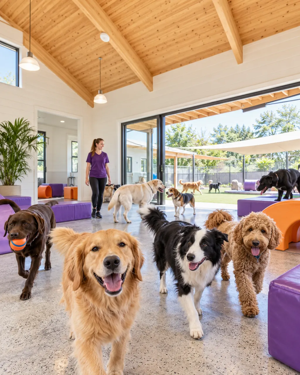A bright dog daycare play zone with high timber ceilings and a covered outdoor yard visible through open doors,…