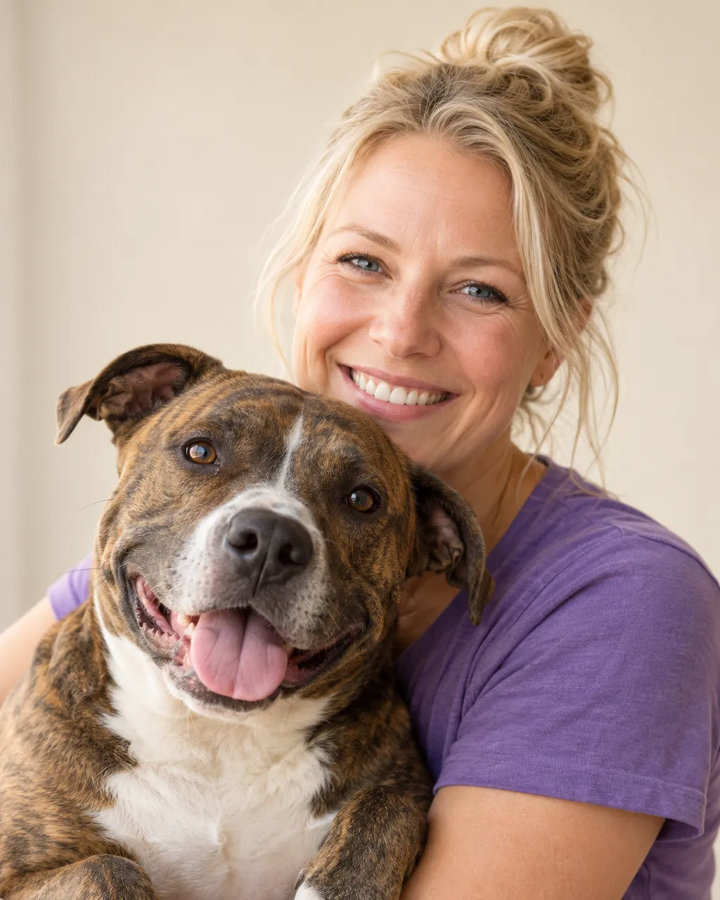 A white Scandinavian-looking woman in her late thirties, daycare founder, blond hair in a loose bun, violet t-shirt,…