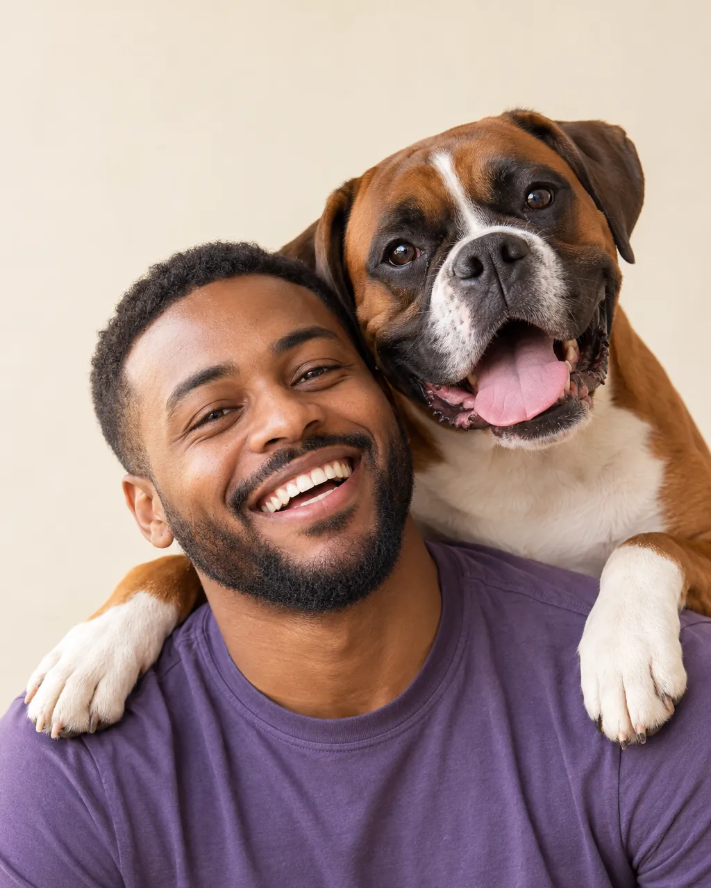 A Black man in his early thirties, dog trainer, short beard, violet t-shirt, laughing with a happy boxer resting its…