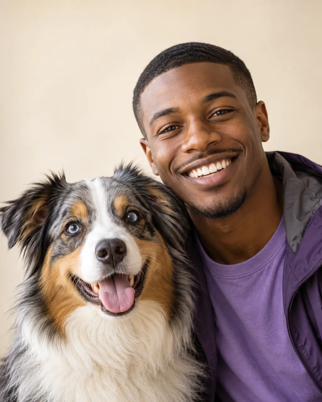 A Nigerian American man in his twenties, dog walker, close-cropped hair, violet t-shirt under an open rain shell,…
