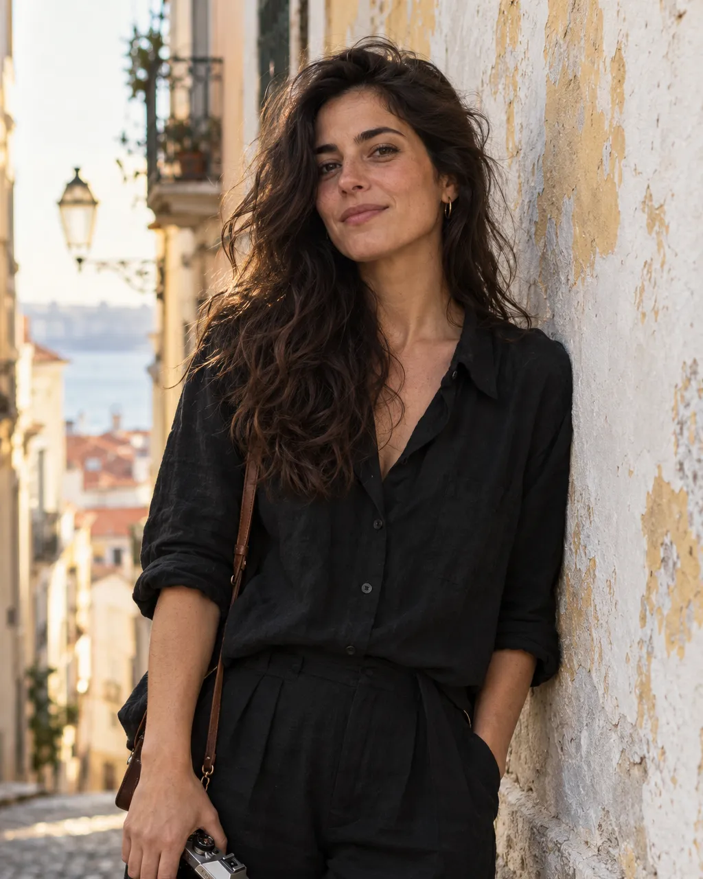 Natural portrait of a Portuguese woman photographer in her mid-thirties with long dark wavy hair, wearing a black…
