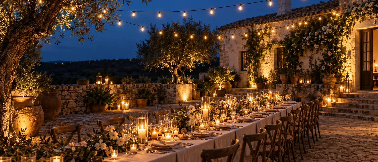 Cinematic film photograph of a long wedding table set under string lights in an Alentejo courtyard at blue hour,…