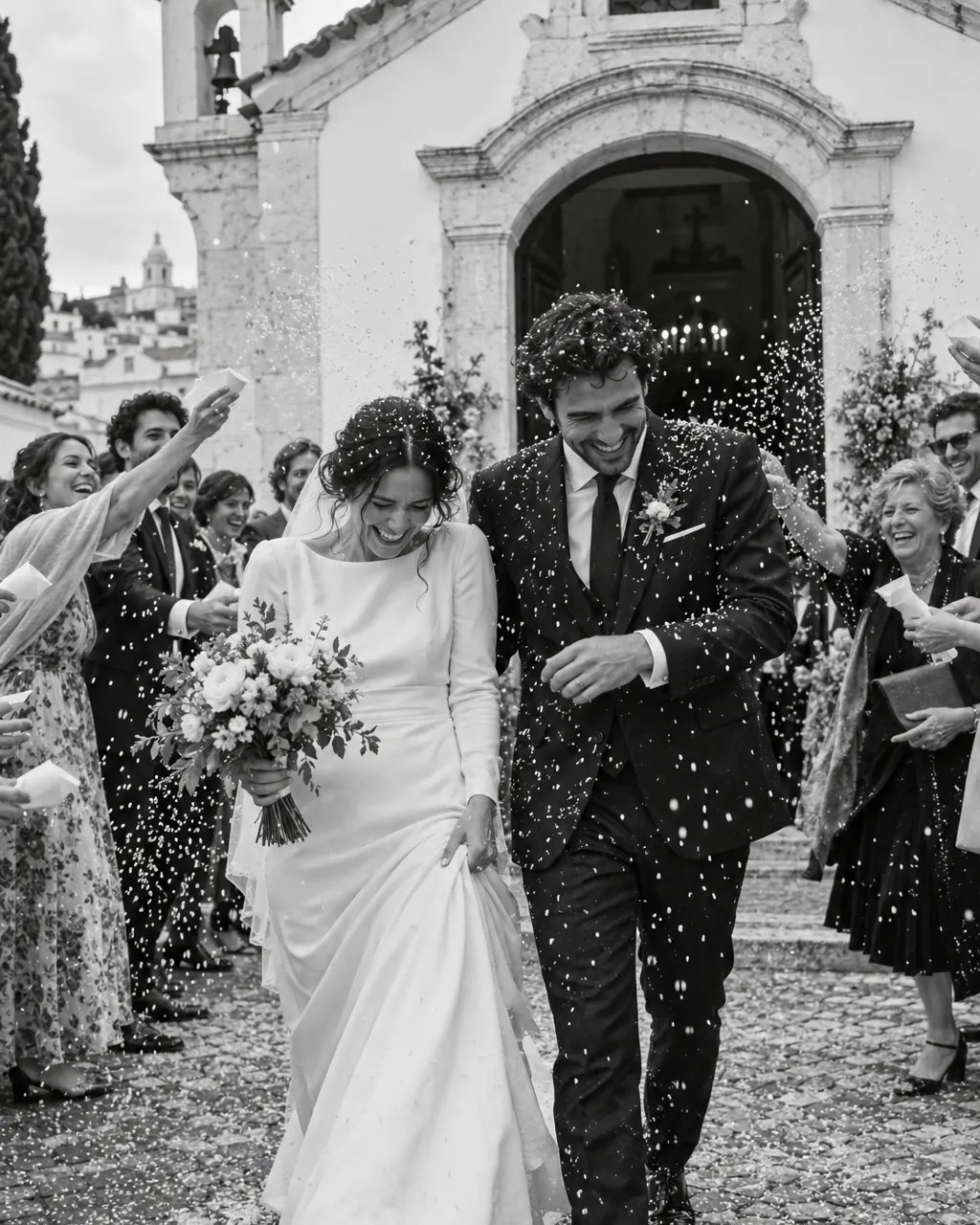 Bride and groom leaving a stone chapel under falling rice, black and white