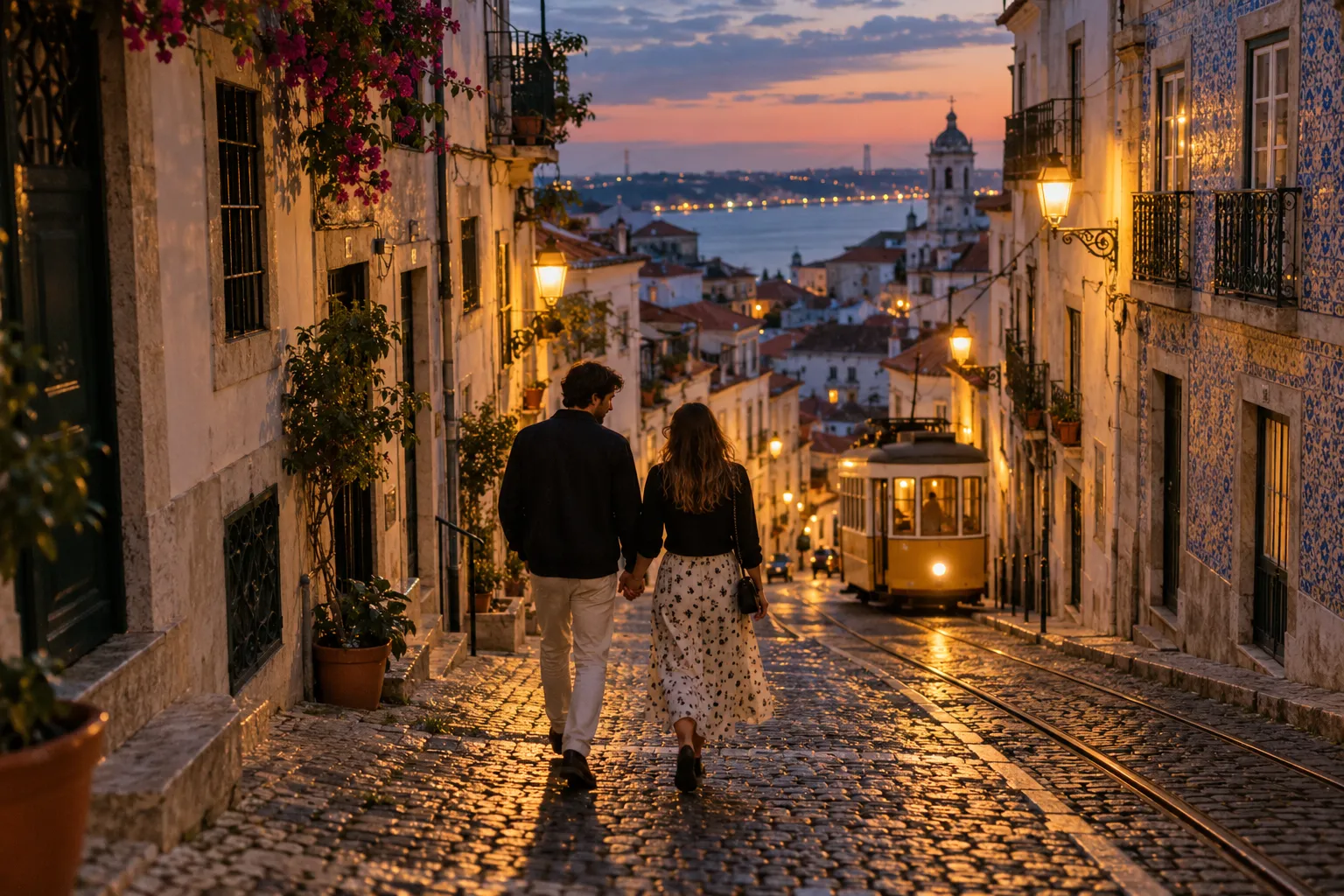 Couple walking down a steep Alfama street at dusk