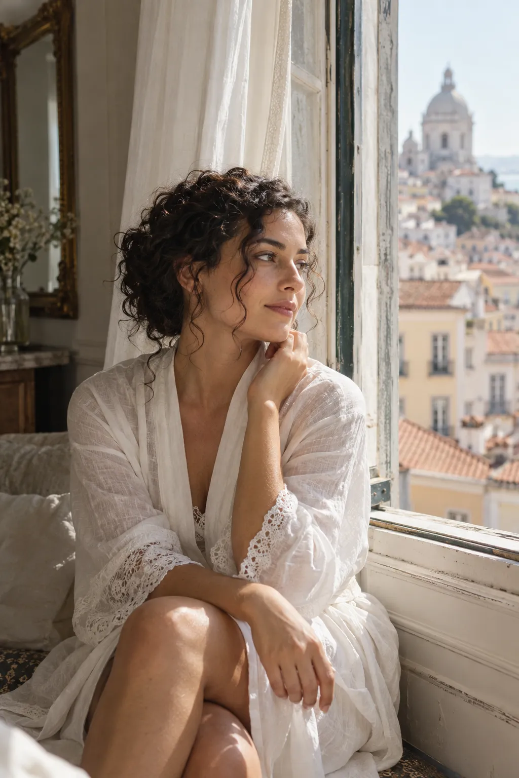 Bride by a tall window getting ready in soft light