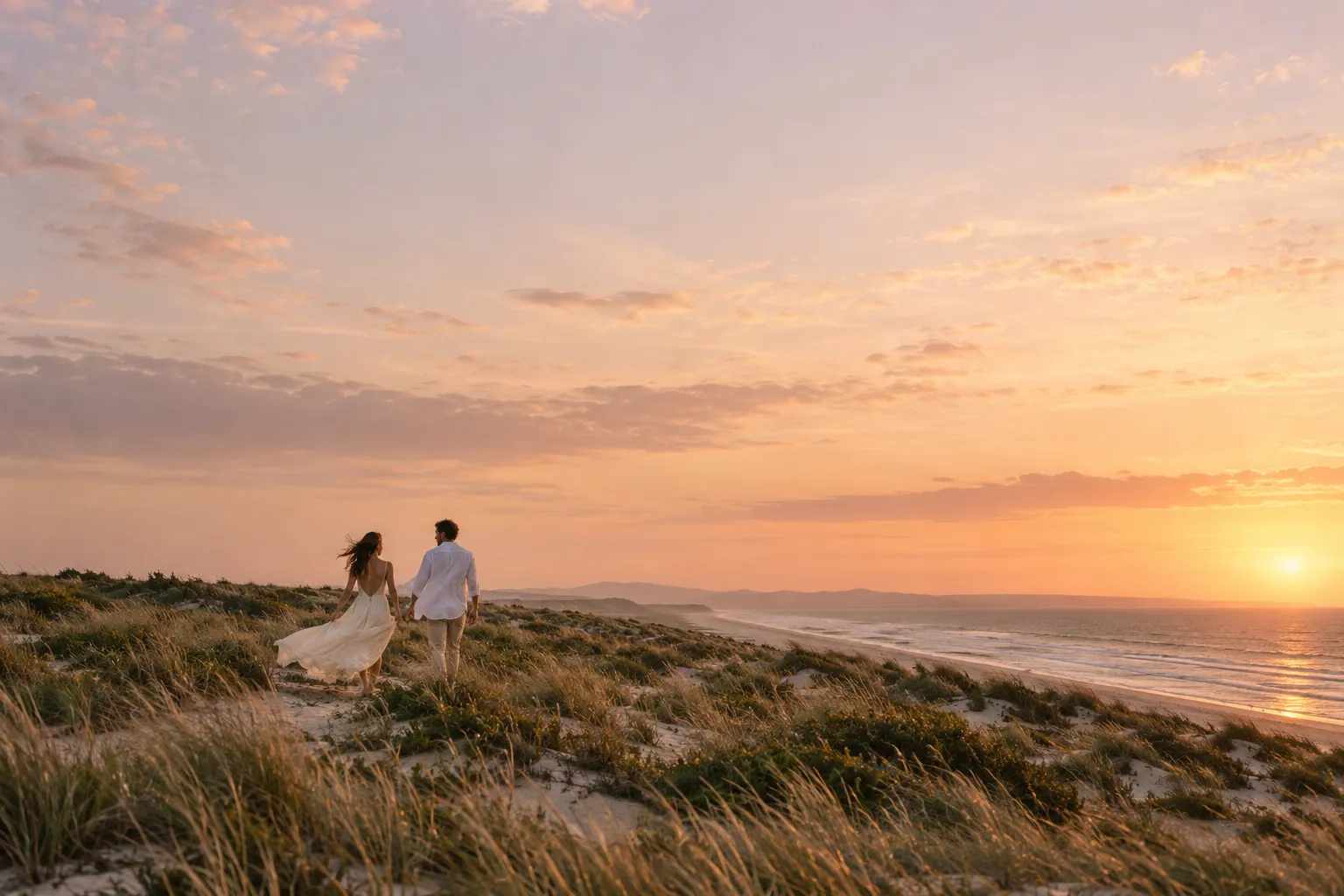 Couple walking through windswept dunes at sunset