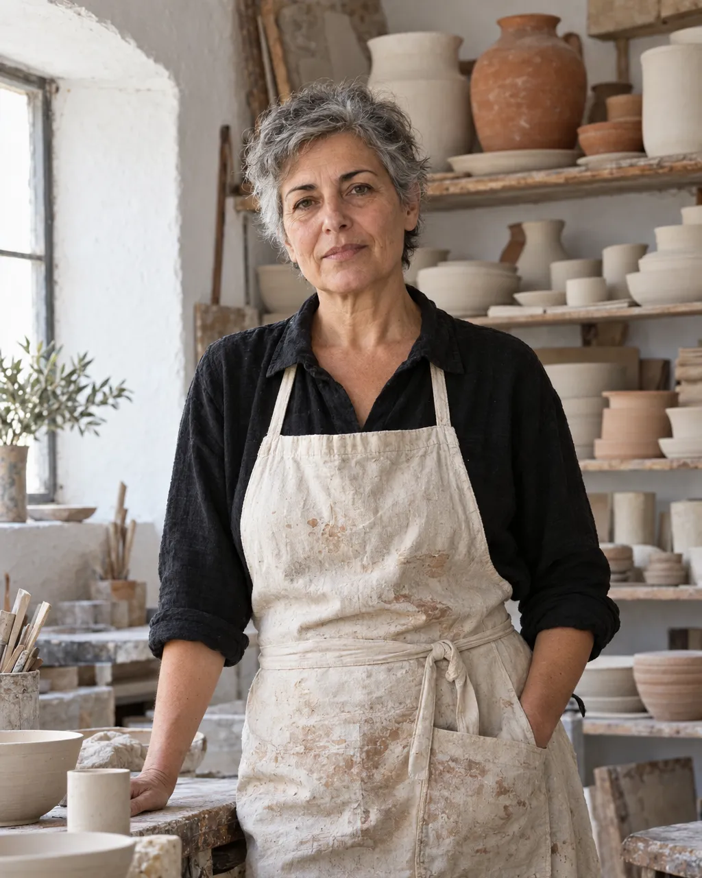 Portrait of a ceramicist in her studio in window light