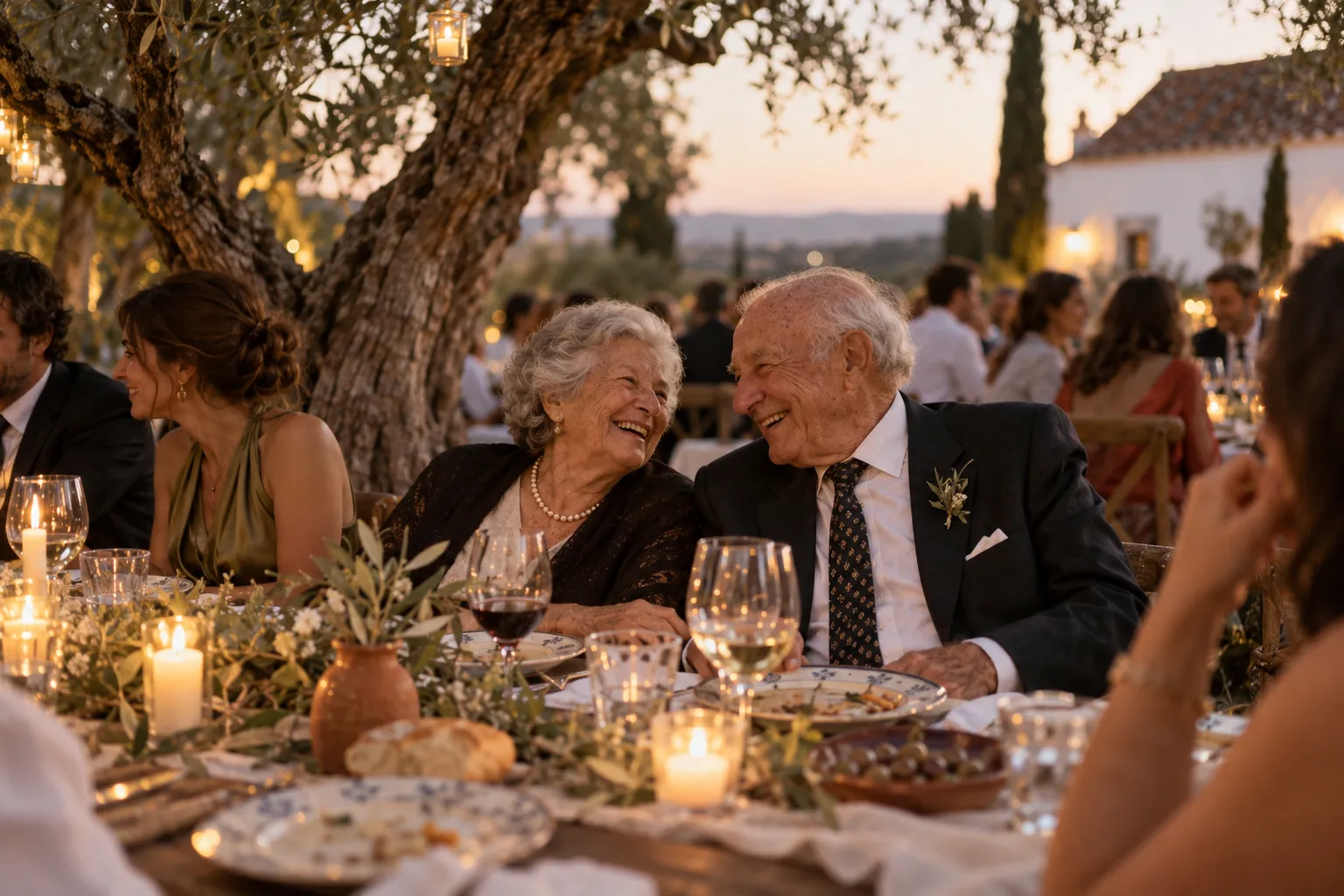 Grandparents laughing together at a long outdoor table