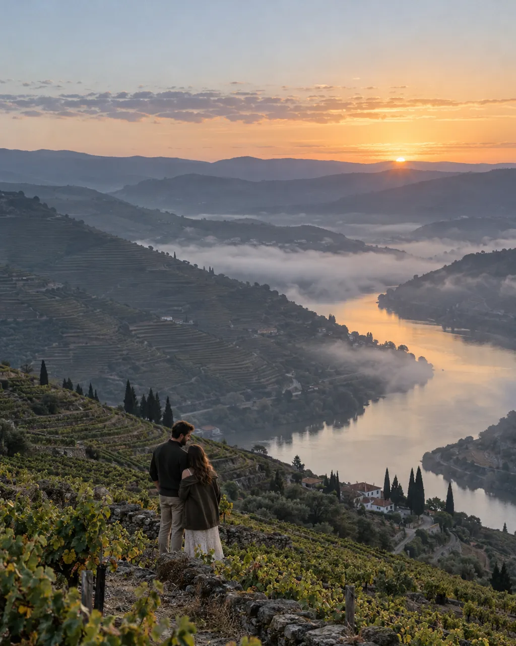 Couple among terraced vineyards in the Douro Valley in mist
