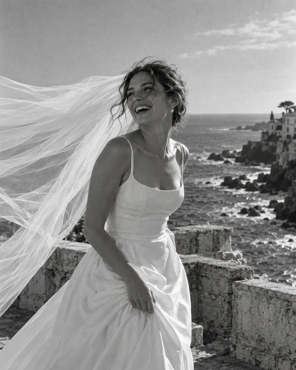 Black and white film photograph of a bride laughing as her veil lifts in the wind on a stone terrace overlooking the…