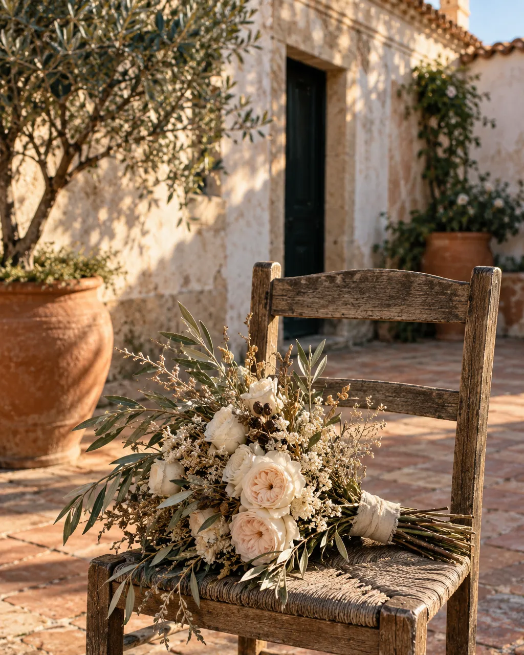 Quiet detail film photograph of a wedding bouquet of dried olive branches and pale garden roses resting on a…