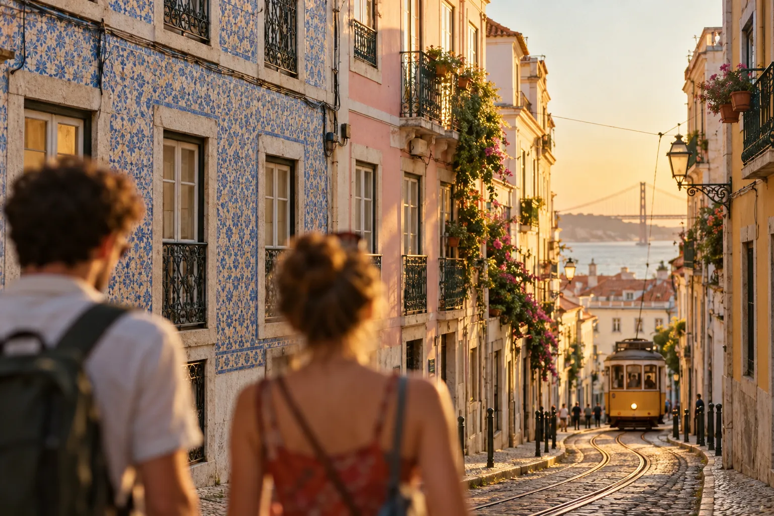 Film photograph of a pastel-coloured Lisbon street with azulejo-tiled facades and a yellow tram passing in the…