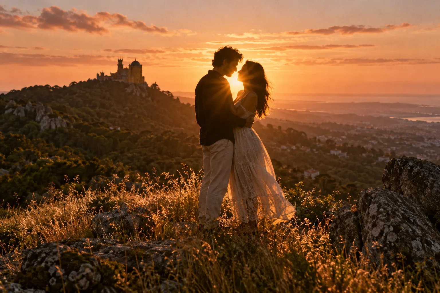 Golden hour film photograph of a couple silhouetted against a low sun on a hilltop in Sintra, the sun flaring…