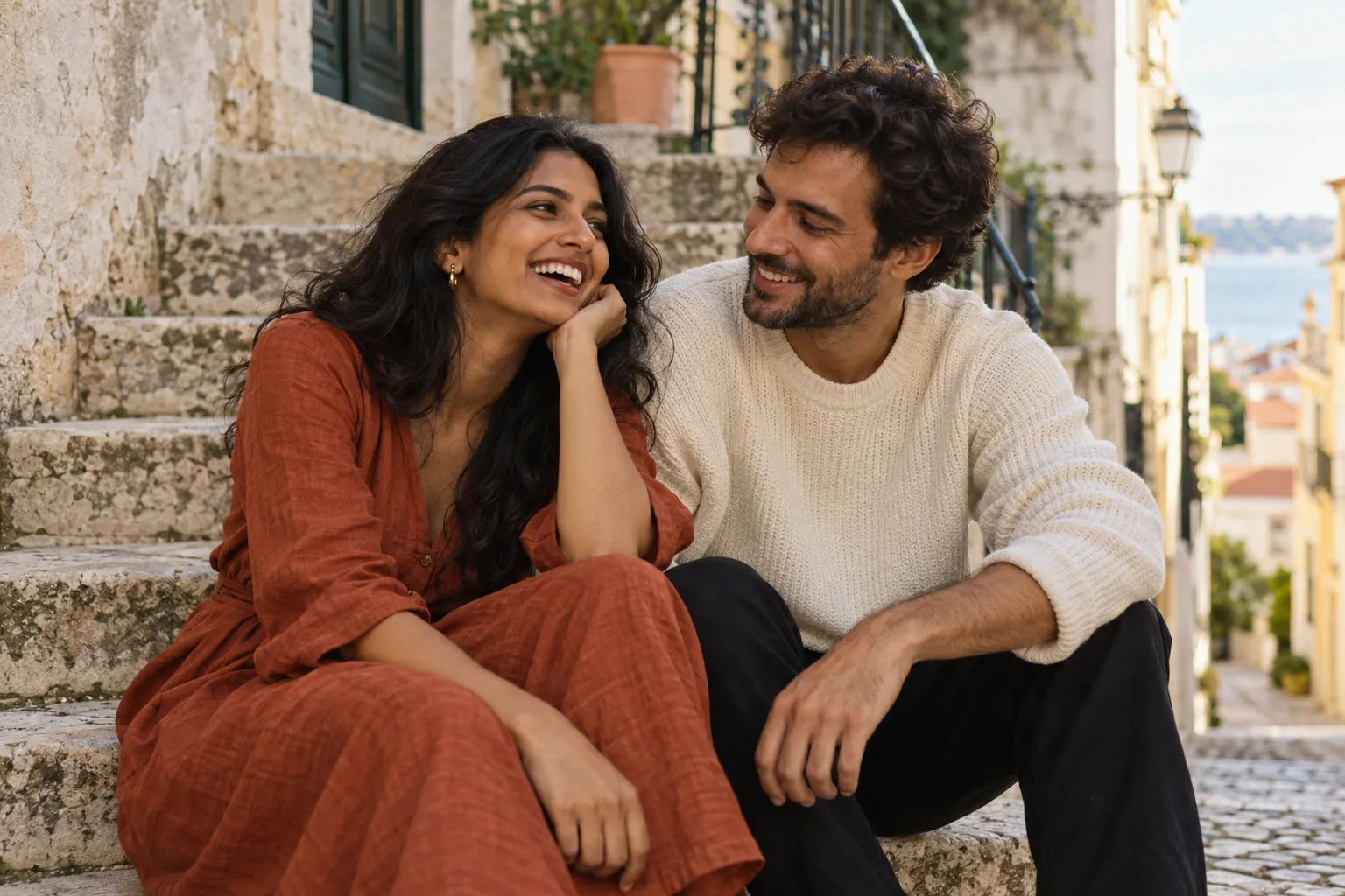 Film photograph of a relaxed portrait session on a stone staircase in Lisbon, a South Asian woman in a rust linen…