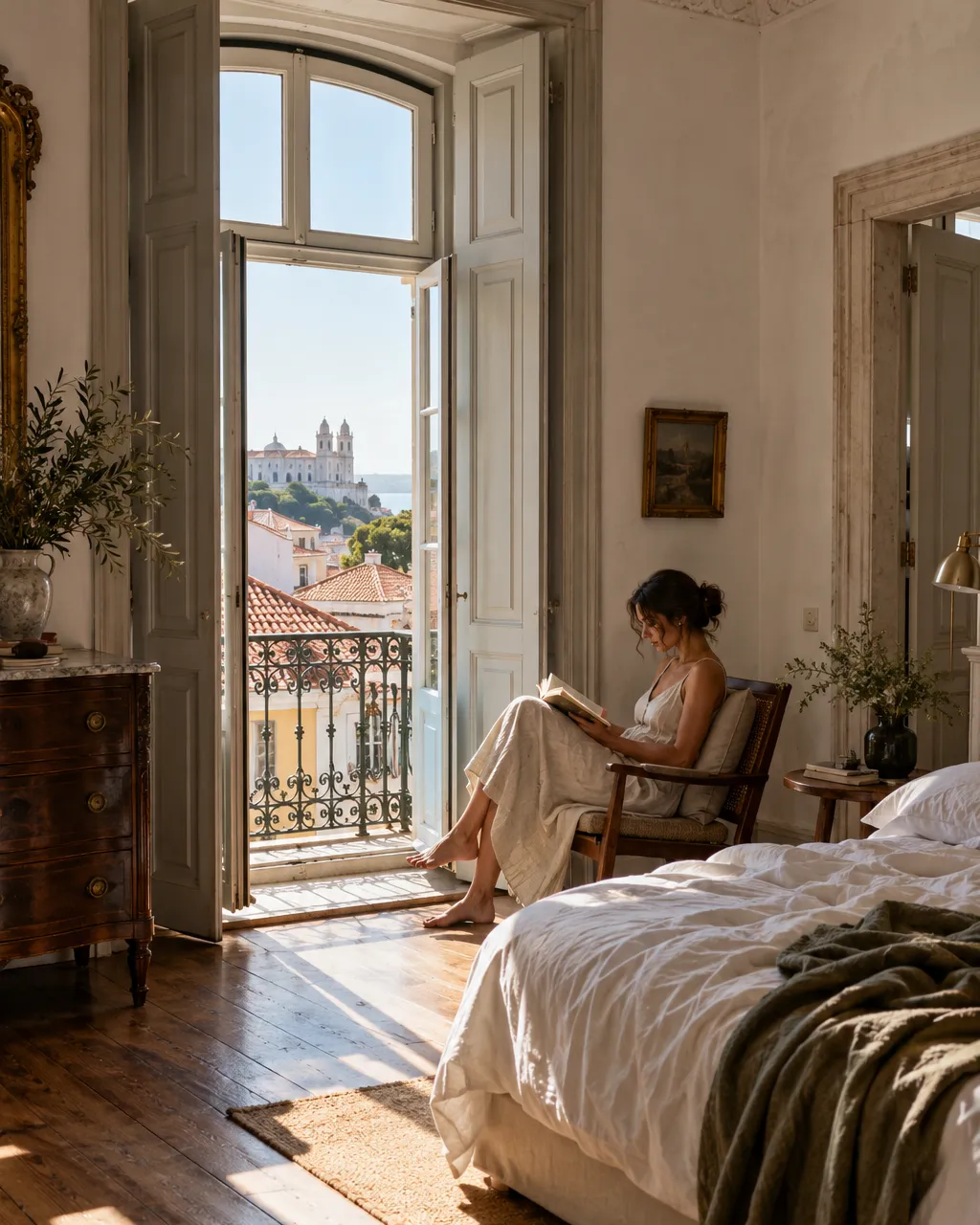Interior photograph of a boutique hotel room in a restored Lisbon palace, a woman in a linen dress reading by a tall…