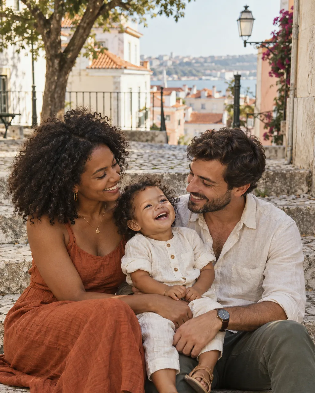 Film portrait of a young family of three, a Black mother, a Portuguese father and their toddler, sitting together on…