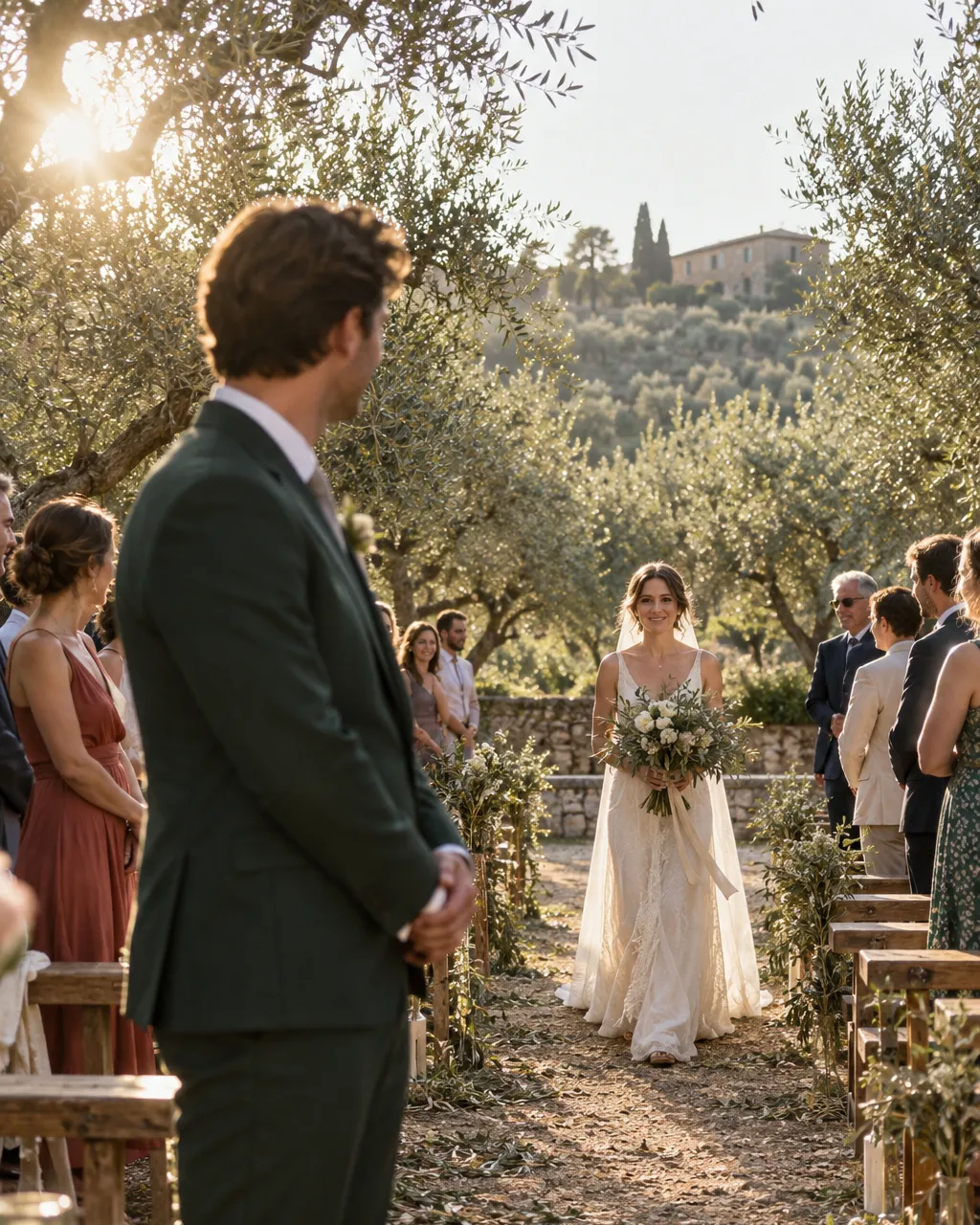 Film photograph of a groom in a dark green suit watching his bride walk towards him down an aisle of rustic wooden…