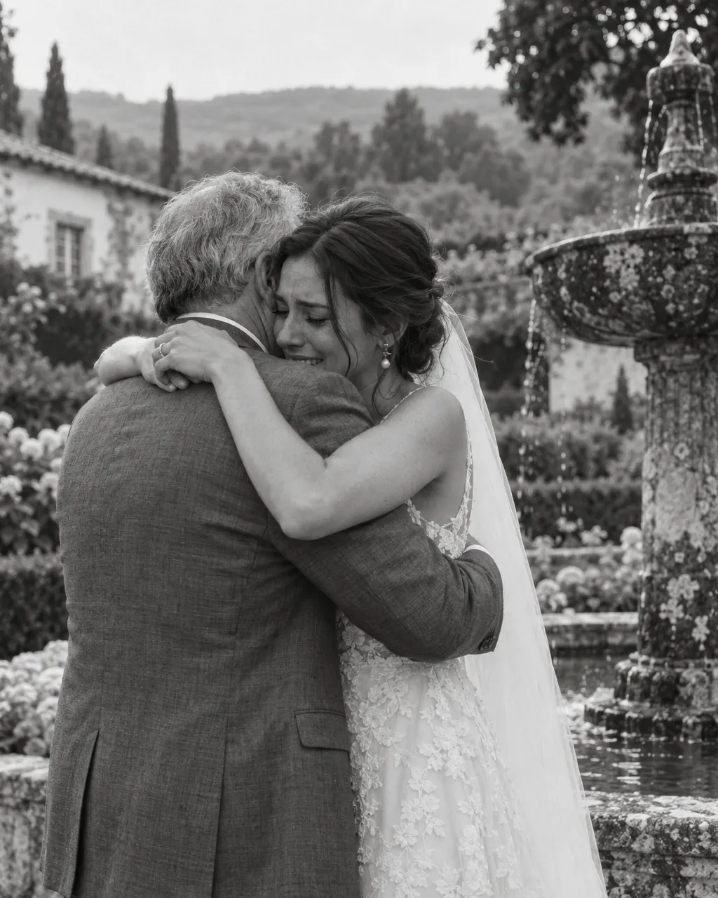 Black and white candid film photograph of a bride crying with joy as she hugs her father, an older man in a grey…