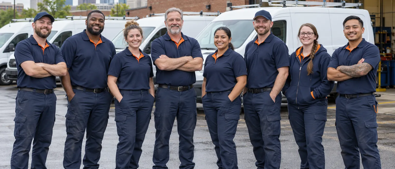 Group photograph of eight diverse plumbing and heating technicians in matching navy uniforms with orange collar…