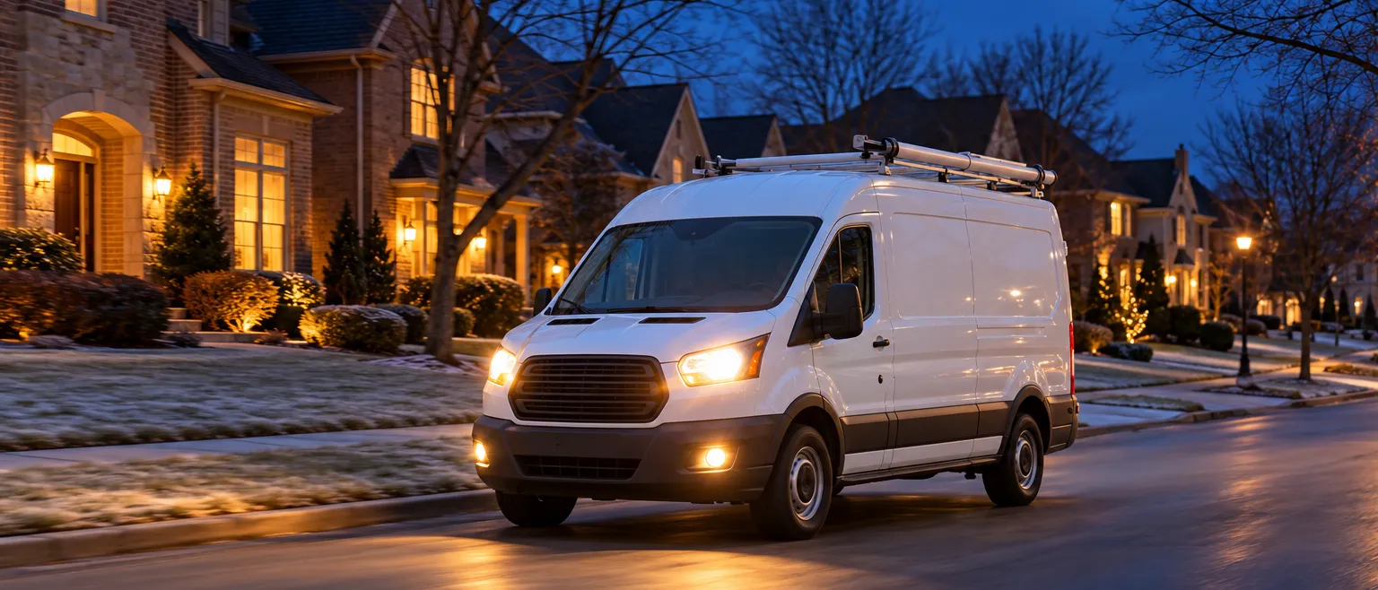 A white plumbing service van driving down a quiet tree-lined Columbus street at blue hour, headlights on