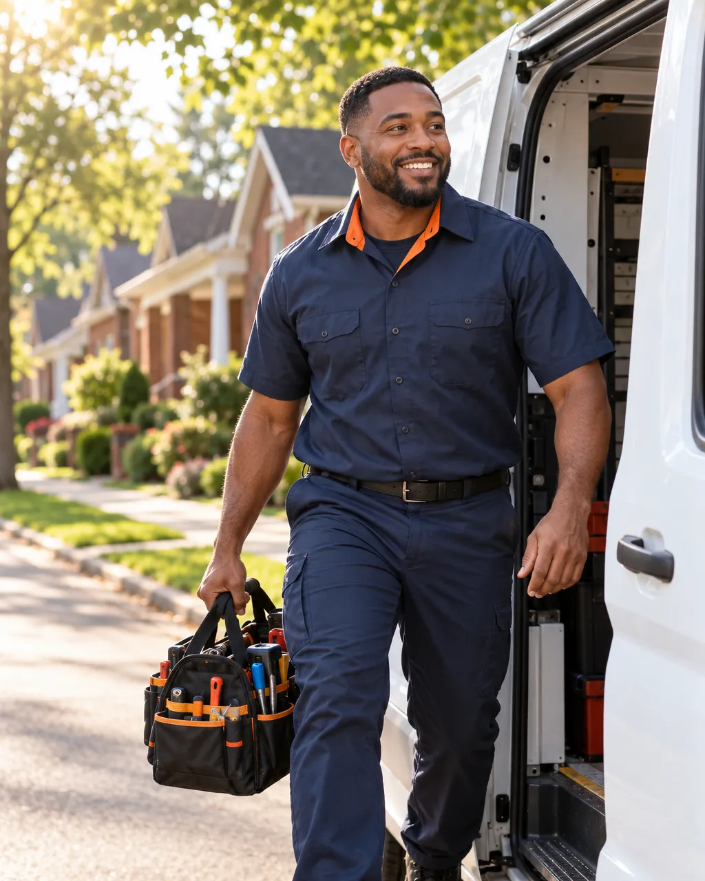 A friendly plumbing technician, a Black man in his thirties in a clean navy work uniform with a bright orange collar…