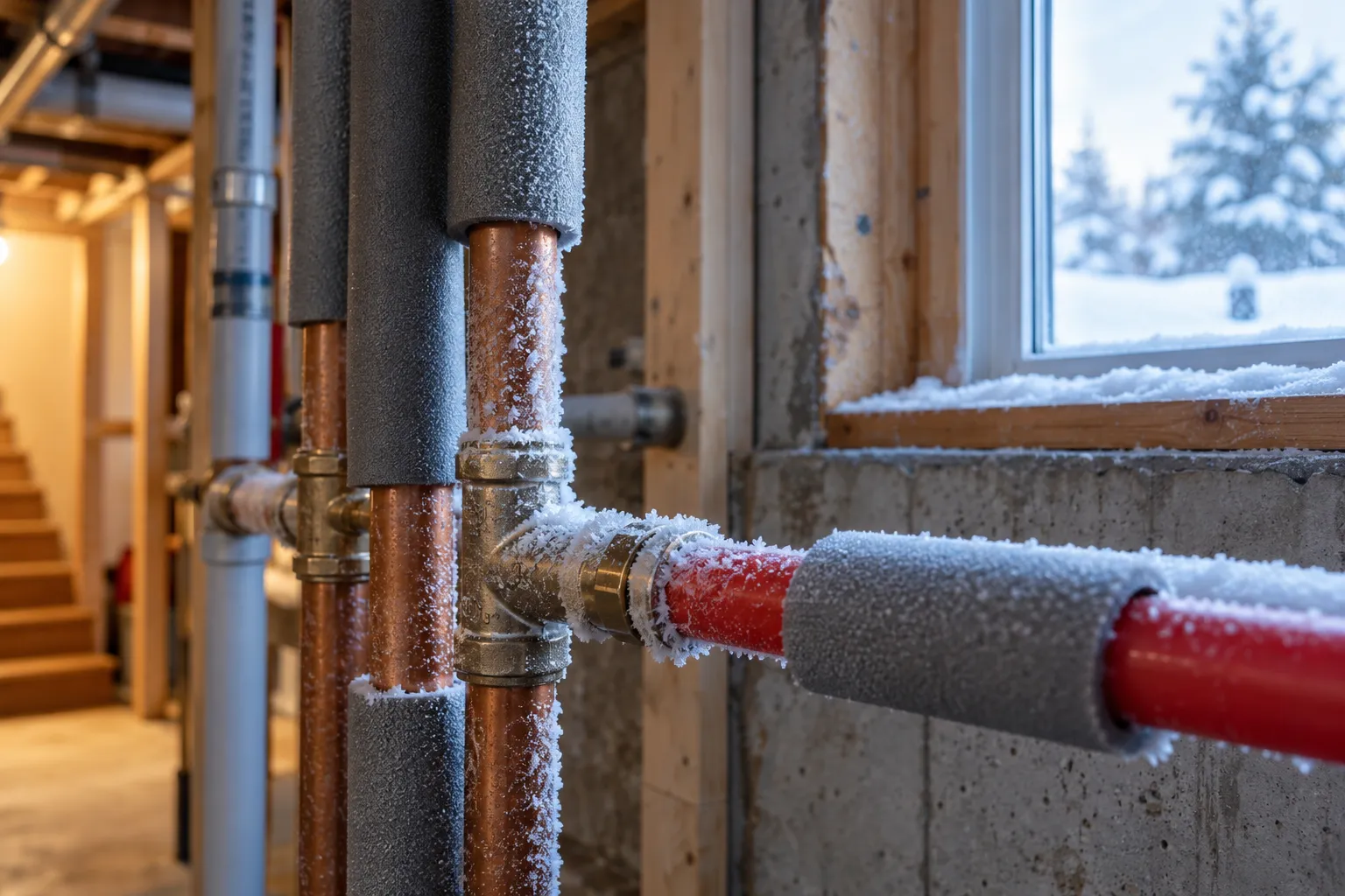 Close photograph of frost-covered copper and PEX pipes wrapped partly in grey foam insulation sleeves in an…