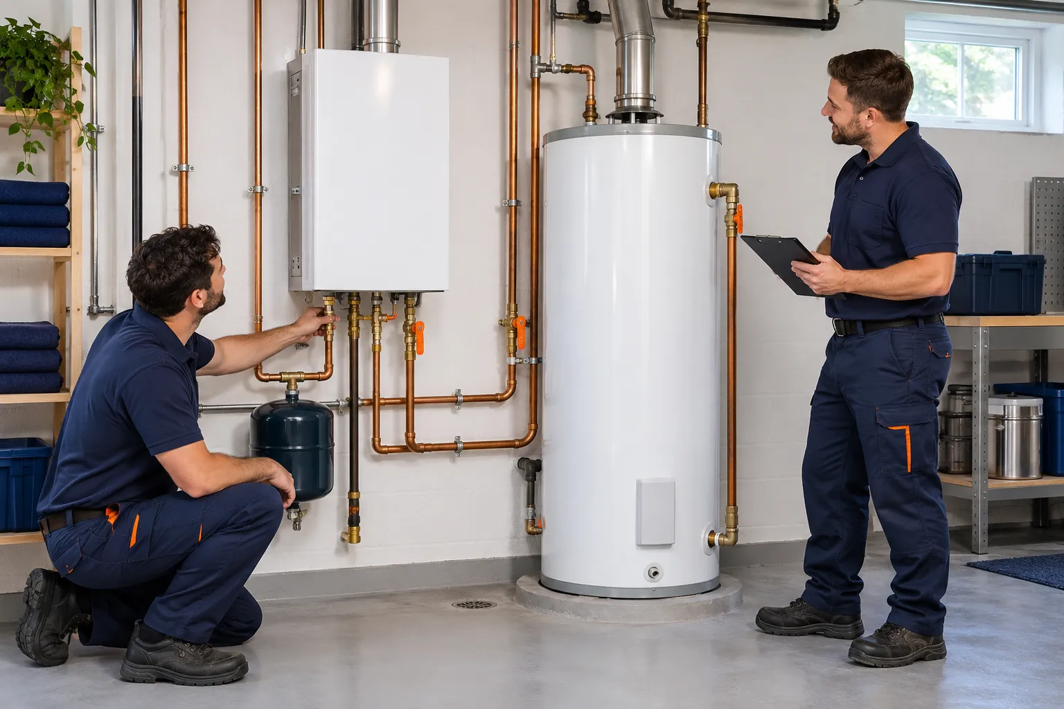 Photograph of a sleek wall-mounted white tankless water heater next to a traditional white tank water heater in a…