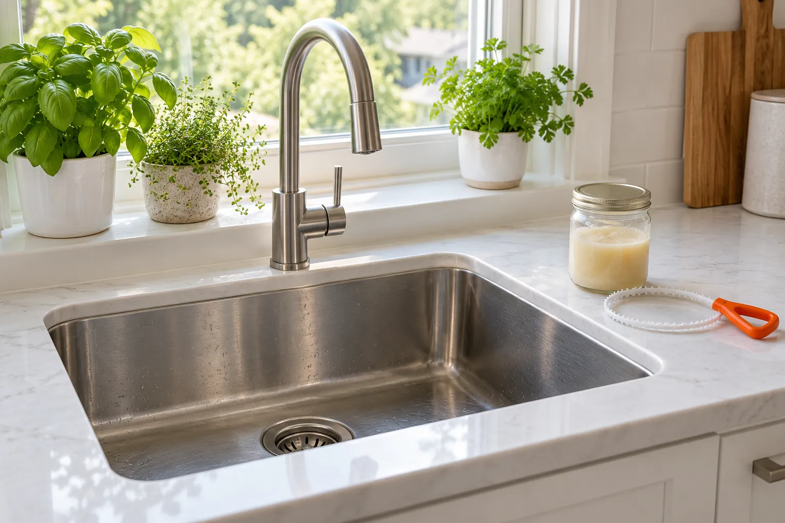 Photograph of a bright modern kitchen sink in brushed steel under a window with daylight, a small plastic drain…