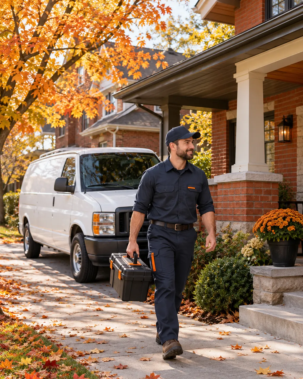 Photograph of a clean white plumbing service van parked in the driveway of a red-brick Columbus craftsman home in…