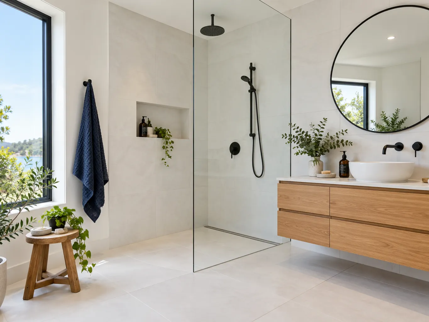 Bright interior photograph of a newly renovated modern bathroom with a curbless walk-in shower, white large-format…