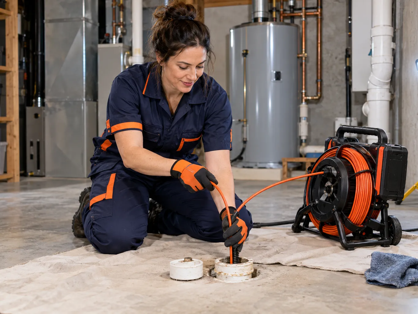 Photograph of a female plumber in her thirties in a navy uniform with orange details feeding a sewer inspection…