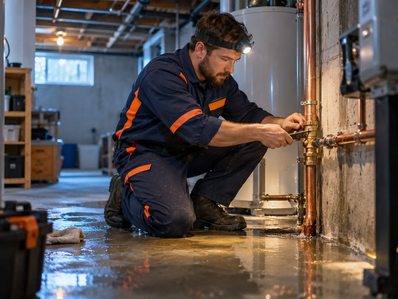 Photograph of a plumber in a navy uniform with orange accents kneeling in a basement fixing a copper supply line…